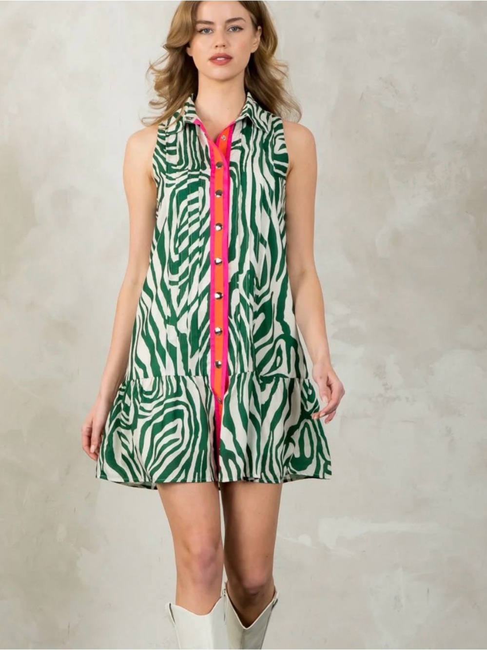 THML Green and Ivory Zebra Striped Dress hot pink orange stripe center placket